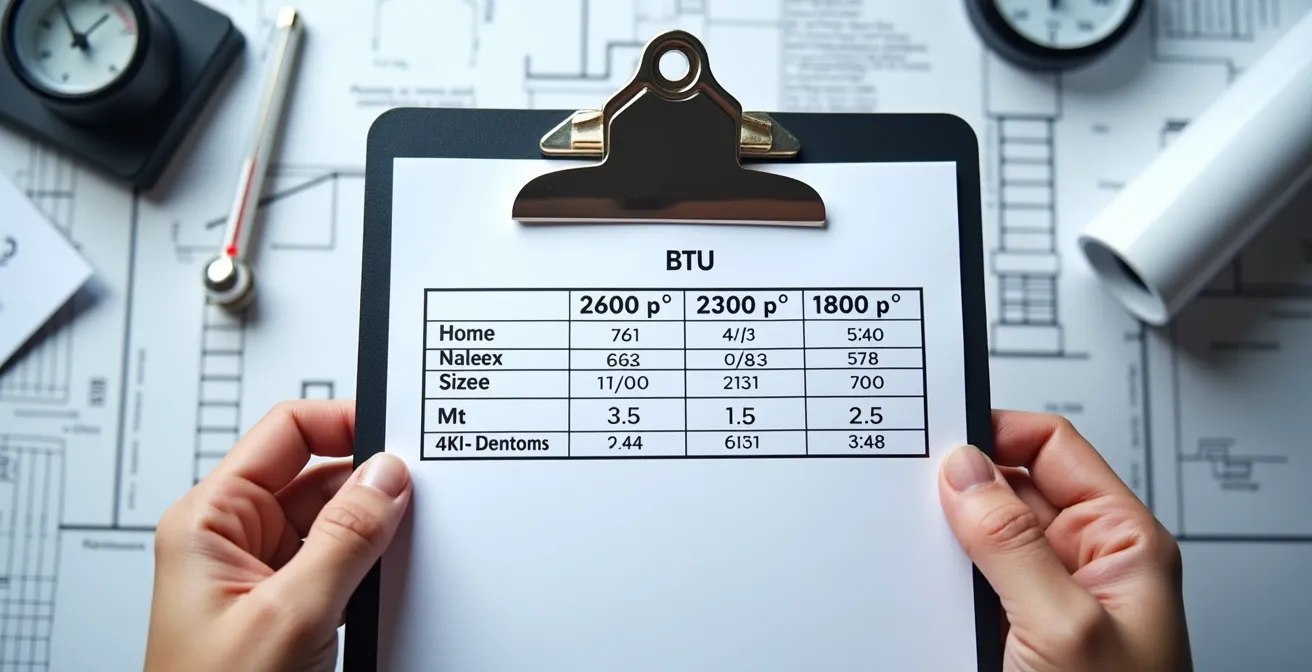 Tableau de référence avec différentes superficies de maisons et leurs besoins en BTU correspondants pour chauffage et climatisation