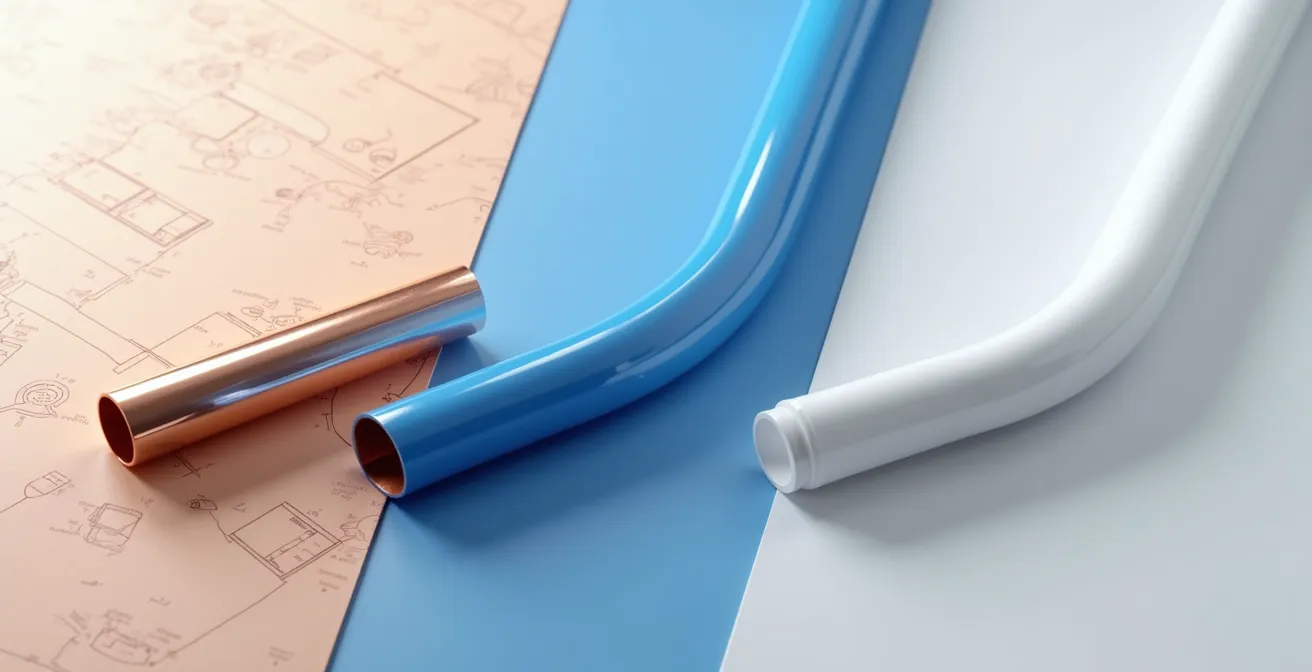 Comparaison visuelle des trois matériaux de tuyauterie : cuivre, PEX et multicouche, montrant leurs caractéristiques et applications en plomberie résidentielle.