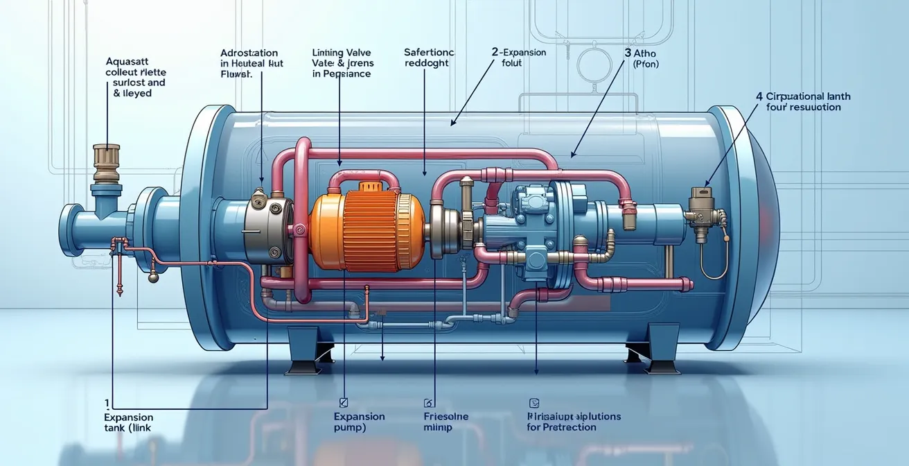 Schéma technique montrant les composants vitaux d'une chaudière : vase d'expansion, pompe de circulation, soupape de sécurité et aquastat.