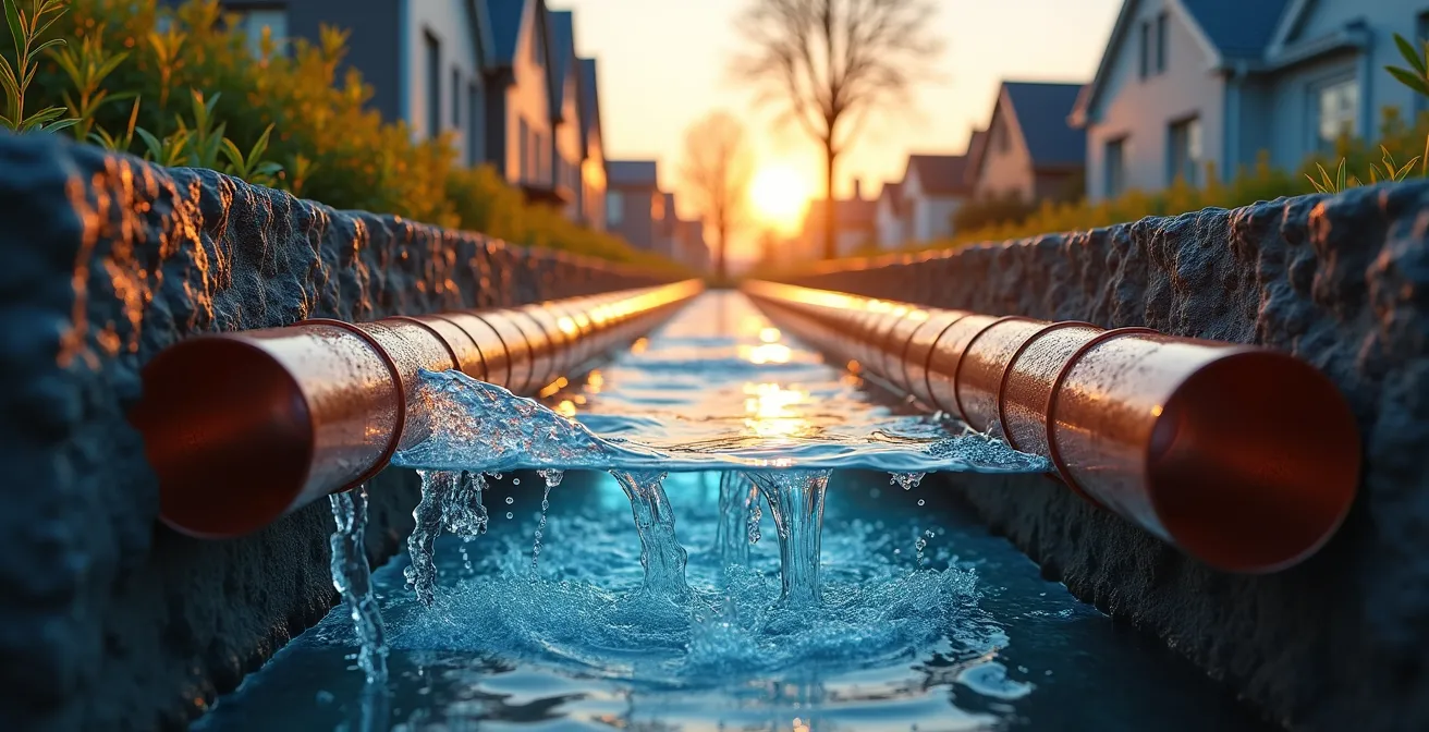 Illustration des conduites d'alimentation en eau potable souterraines sous haute pression dans un environnement urbain montréalais