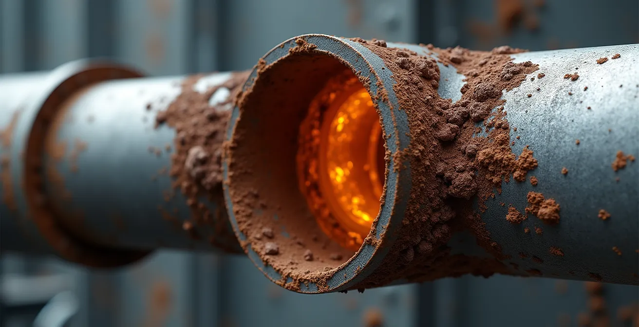 Coupe transversale d'un vieux tuyau en acier galvanisé montrant l'accumulation de produits de corrosion qui réduit le diamètre interne et la pression d'eau.