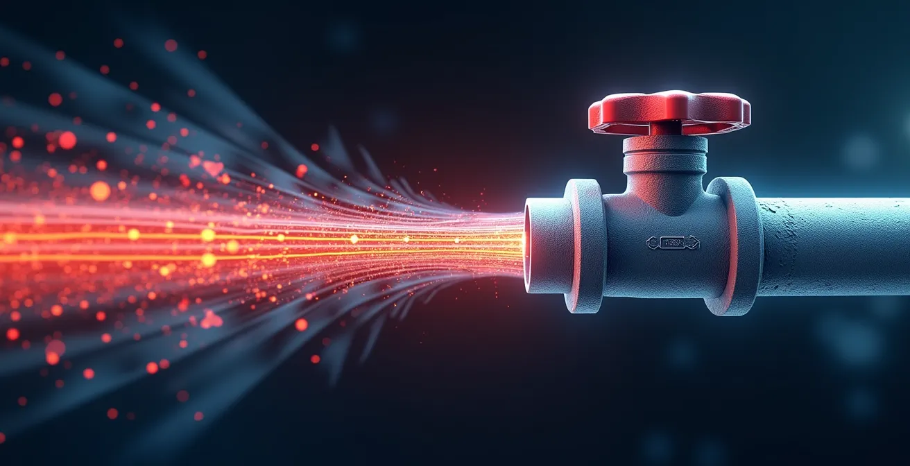 Visualisation d'une onde de choc de coup de bélier se propageant dans une tuyauterie lors de la fermeture rapide d'un robinet.