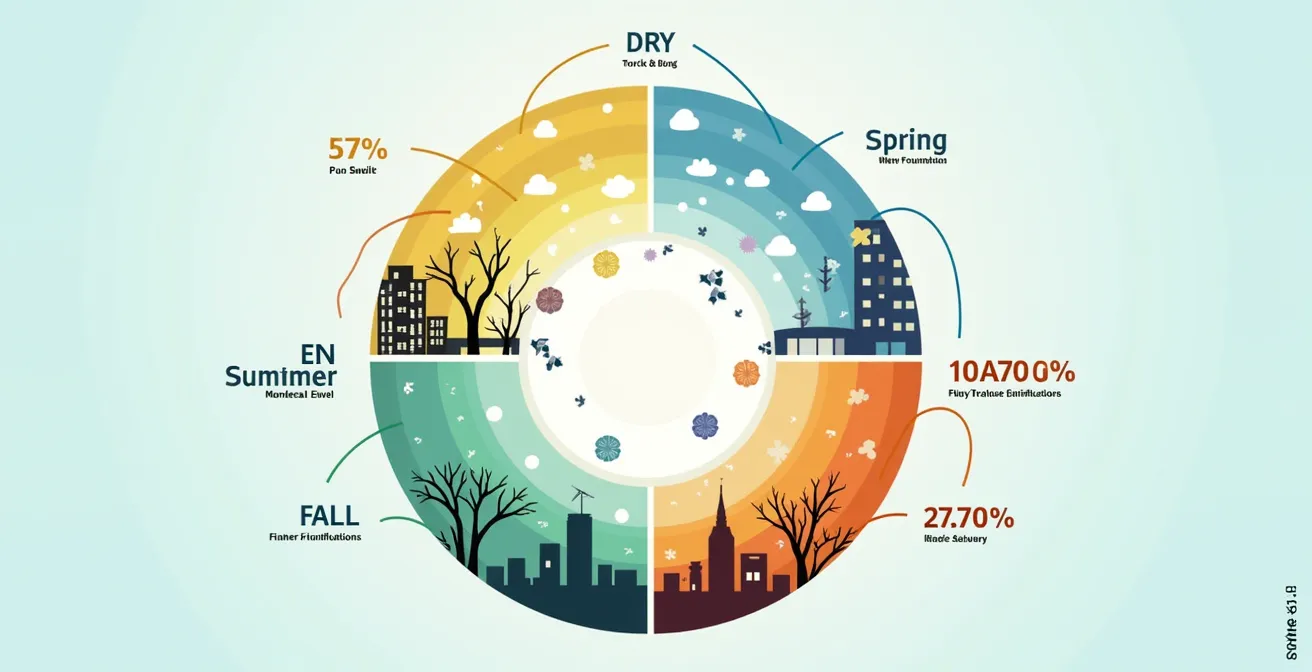 Diagramme montrant les variations saisonnières d'humidité à Montréal : air sec et électrostatique en hiver, humidité pénétrant par les fondations au printemps, chaleur et moiteur étouffante en été
