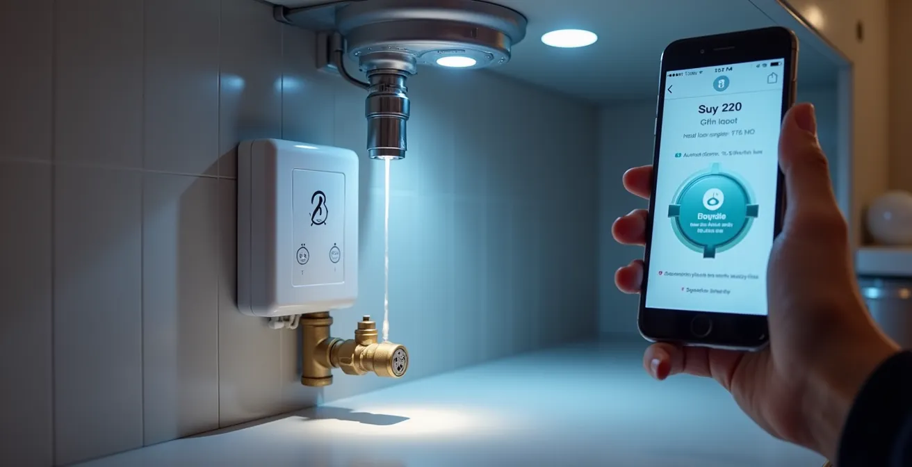 Un détecteur de fuite d'eau intelligent placé sous un lavabo avec une valve de fermeture automatique montrant comment le système protège contre les dégâts d'eau.