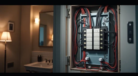 Schéma d'une installation électrique résidentielle sécurisée avec disjoncteurs, prises DDFT et panneau de distribution