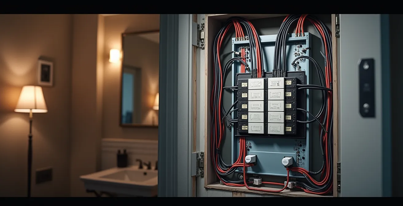 Schéma d'une installation électrique résidentielle sécurisée avec disjoncteurs, prises DDFT et panneau de distribution