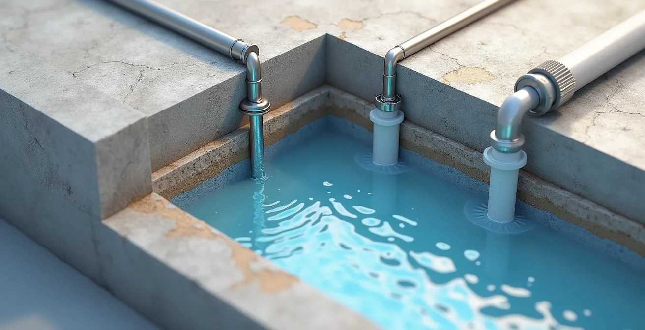 Coupe transversale d'un drain de plancher montrant le siphon en U rempli d'eau et le clapet anti-retour bloquant les odeurs d'égout