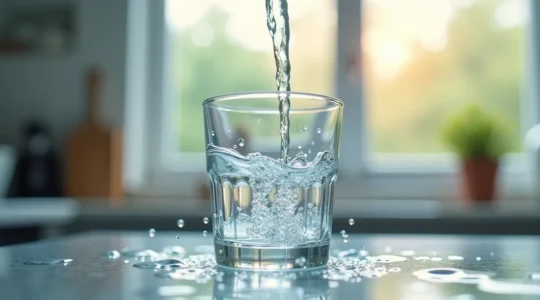 Gros plan d'un verre d'eau claire et cristalline rempli au robinet avec reflets lumineux symbolisant la pureté de l'eau potable
