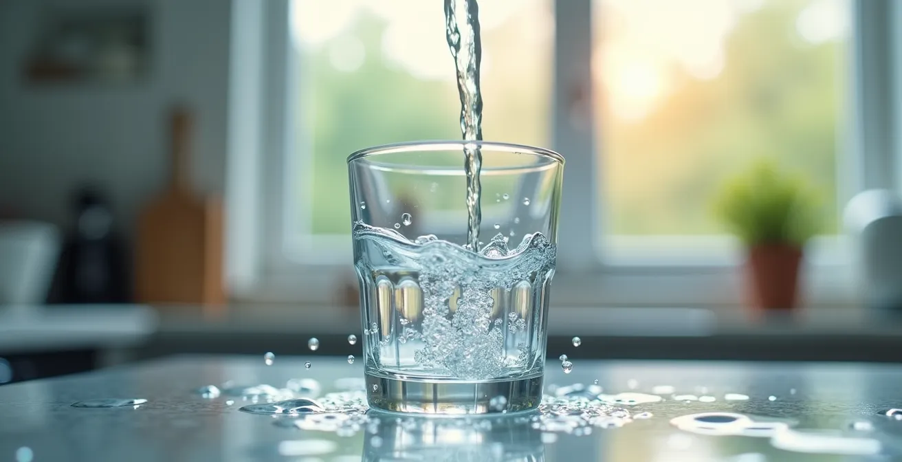 Gros plan d'un verre d'eau claire et cristalline rempli au robinet avec reflets lumineux symbolisant la pureté de l'eau potable