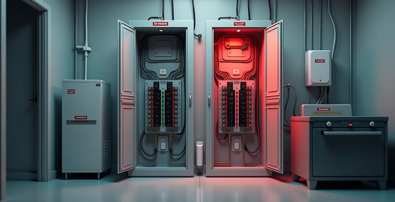 Illustration d'un panneau électrique moderne de 200 ampères avec mise en évidence des risques des anciens panneaux Stab-Lok et Commander