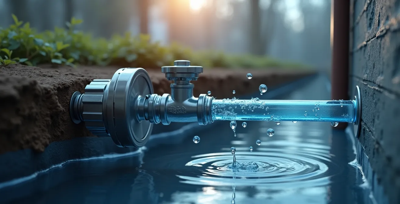 Image représentant un système d'évacuation des eaux usées avec clapet anti-retour protégeant un sous-sol montréalais