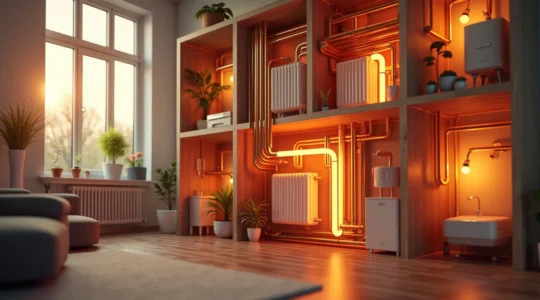 Illustration d'un système de chauffage complet à radiateurs eau chaude avec détail des composants dans une maison à Montréal