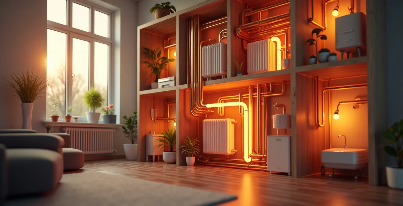 Illustration d'un système de chauffage complet à radiateurs eau chaude avec détail des composants dans une maison à Montréal