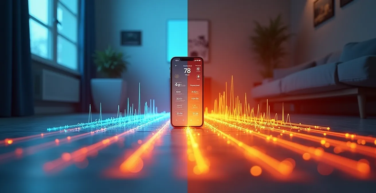 Graphique montrant l'évolution progressive de la température d'un plancher chauffant dans le temps, avec courbe douce comparée aux systèmes traditionnels, et interface de thermostat intelligent visible.