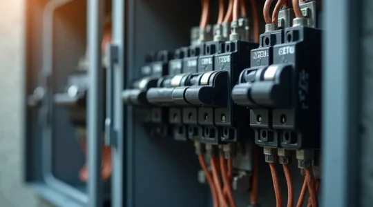 Illustration d'un panneau électrique moderne avec disjoncteurs et câblage dans une maison de Montréal