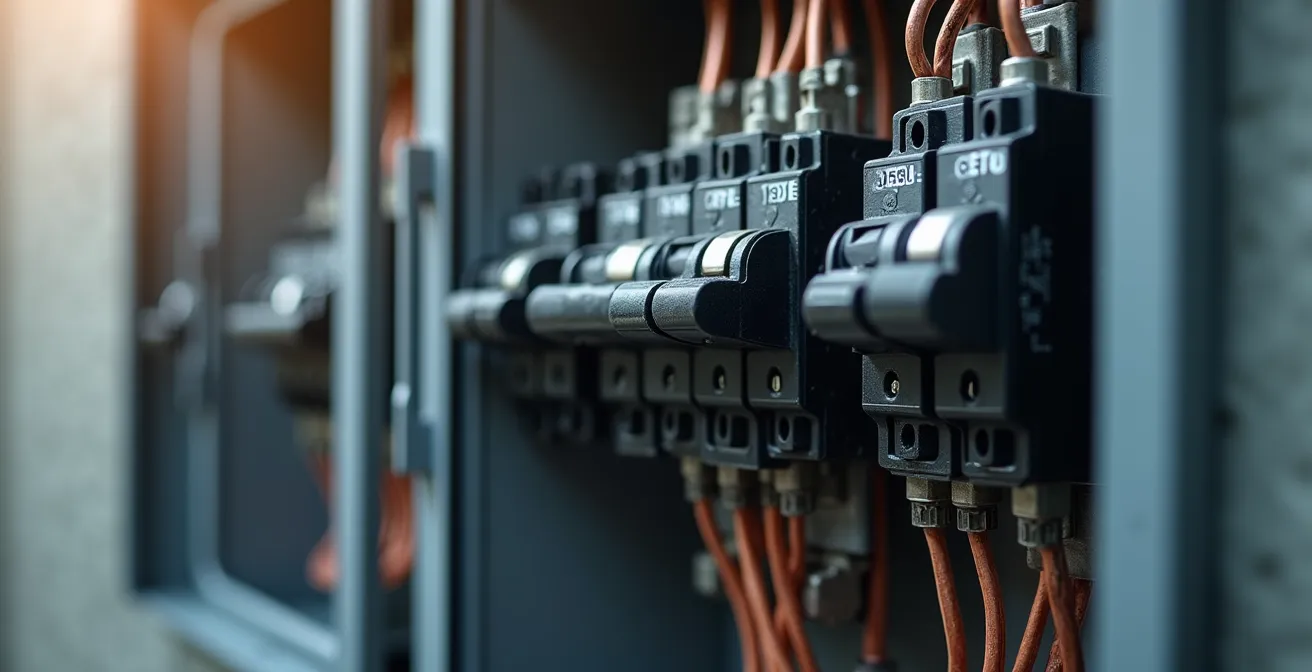 Illustration d'un panneau électrique moderne avec disjoncteurs et câblage dans une maison de Montréal