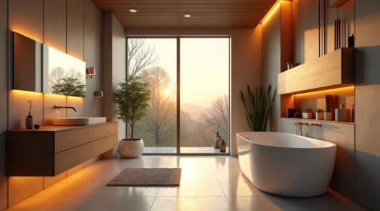 Une salle de bain moderne avec une installation sanitaire bien organisée, montrant la plomberie fonctionnelle et l'esthétique contemporaine