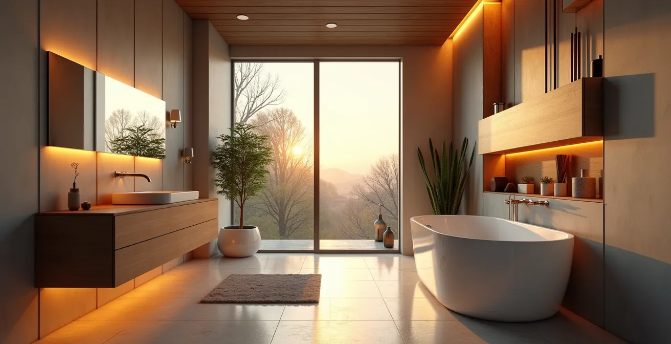 Une salle de bain moderne avec une installation sanitaire bien organisée, montrant la plomberie fonctionnelle et l'esthétique contemporaine