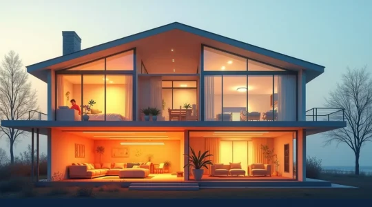 Coupe transversale d'une maison montréalaise montrant les couches d'isolation, la chaleur radiante, les zones thermiques, et les occupants vivant dans le confort