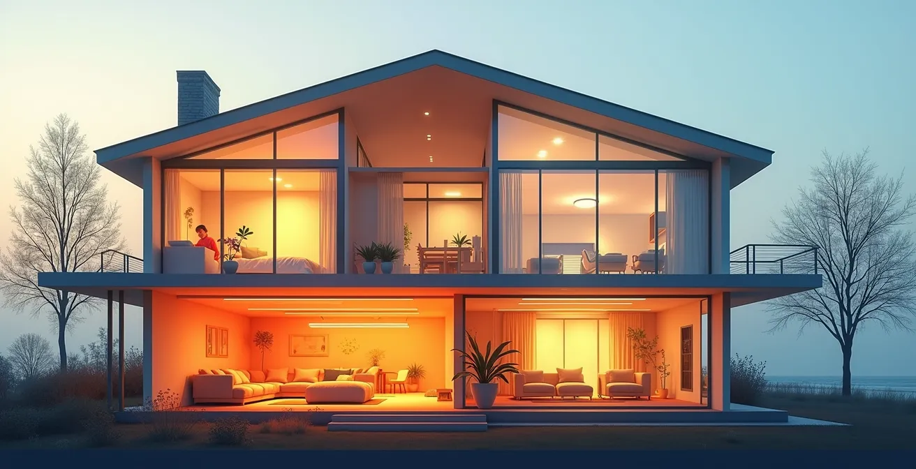 Coupe transversale d'une maison montréalaise montrant les couches d'isolation, la chaleur radiante, les zones thermiques, et les occupants vivant dans le confort