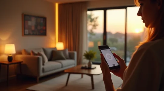 Maison moderne avec appareils connectés et automatisation domotique, montrant un intérieur intelligent et technologique.