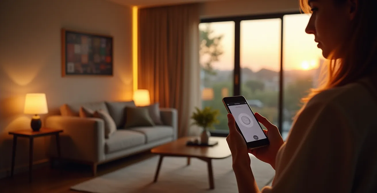 Maison moderne avec appareils connectés et automatisation domotique, montrant un intérieur intelligent et technologique.