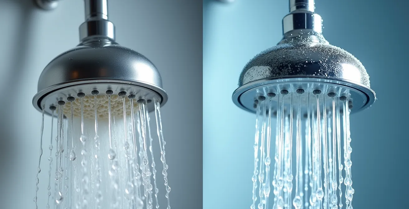 Illustration d'un pommeau de douche avant et après nettoyage montrant l'élimination des dépôts de calcaire obstruant les orifices
