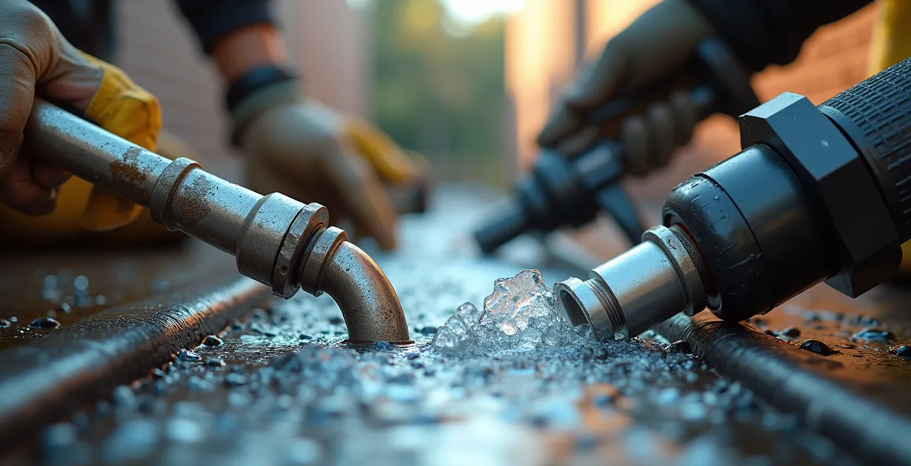 Comparaison visuelle des outils de plomberie : ventouse manuelle, furet manuel, contre les outils professionnels hydro-jet et caméra d'inspection