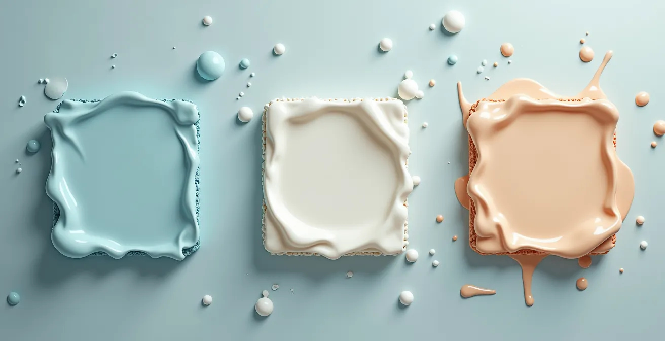 Trois échantillons de peinture côte à côte montrant les différentes finitions : mat, satiné, velouté, avec l'humidité et les éclaboussures en arrière-plan