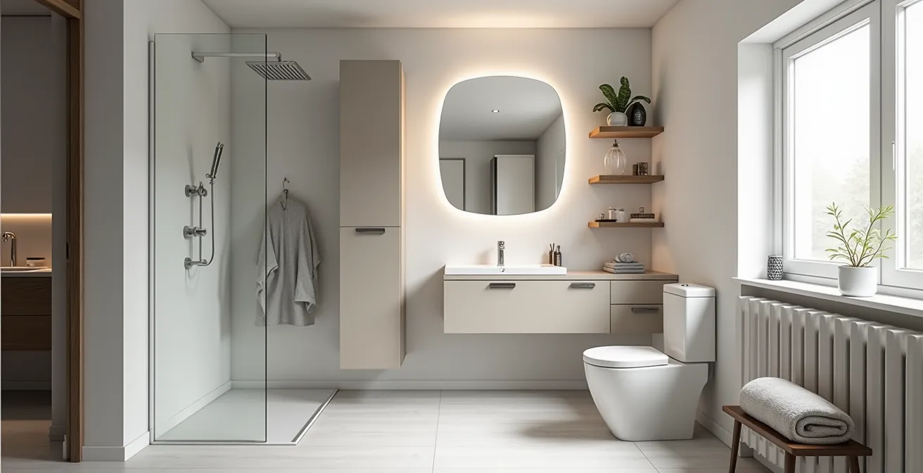 Une petite salle de bain optimisée avec rangements verticaux, miroir grand format, toilette murale et douche italienne pour maximiser l'espace