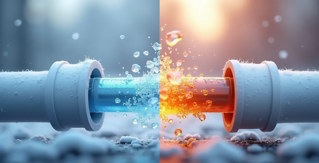 Illustration montrant un tuyau PEX qui se dilate et se contracte sous conditions de gel et dégel, démontrant sa flexibilité exceptionnelle par rapport aux tuyaux rigides.