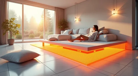 Vue isométrique d'une maison moderne montrant le système de plancher chauffant dissimulé sous le revêtement de sol, avec des lignes thermiques douces irradiant une chaleur confortable.