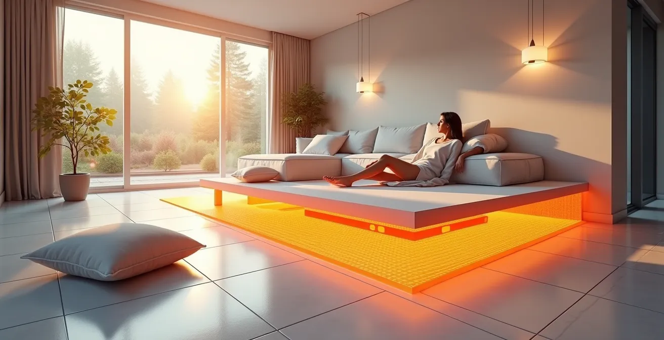 Vue isométrique d'une maison moderne montrant le système de plancher chauffant dissimulé sous le revêtement de sol, avec des lignes thermiques douces irradiant une chaleur confortable.