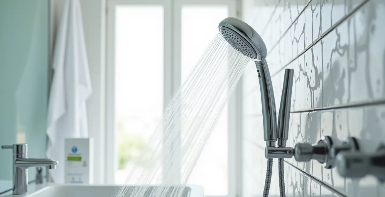 Pomme de douche moderne à faible débit installée dans une salle de bain contemporaine avec jet d'eau puissant et étiquette de certification WaterSense visible