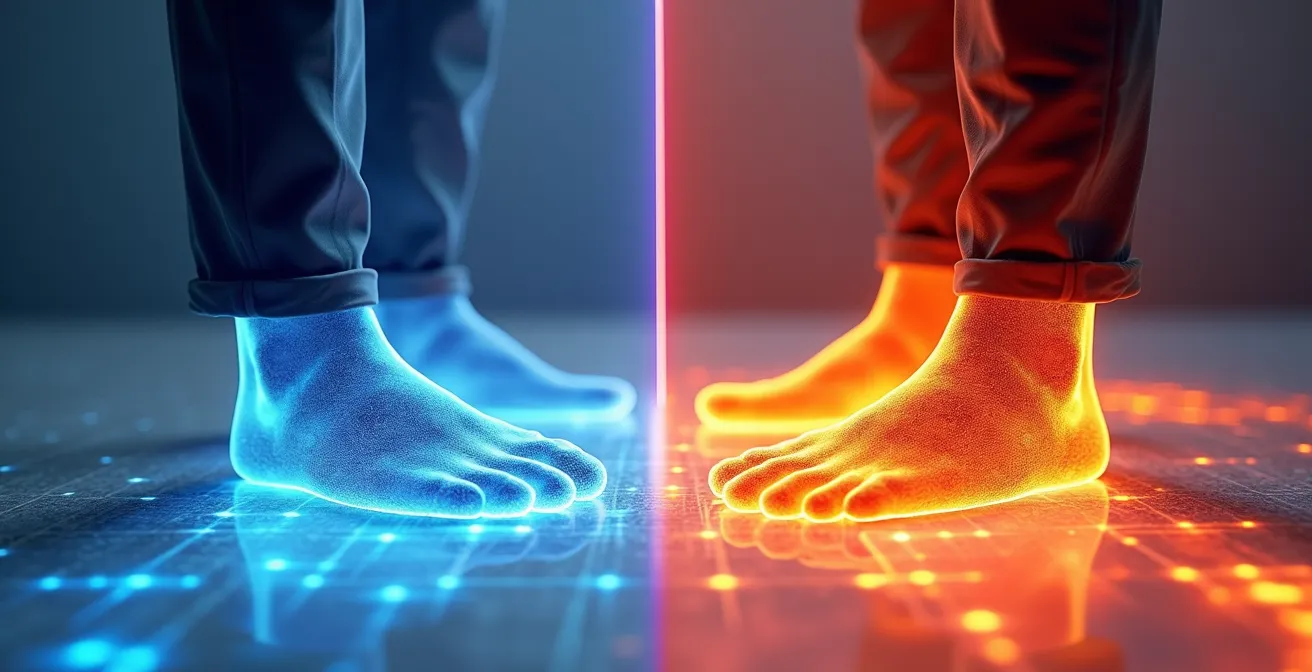 Coupe transversale montrant la conductivité thermique de différents matériaux de revêtement de sol (céramique, bois, vinyle) et l'impact sur la sensation de froid versus confort avec plancher chauffant.