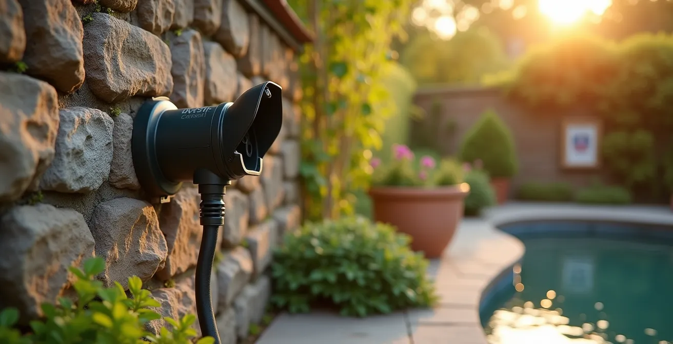 Prise electrique exterieure DDFT installee au jardin avec boitier etanche, pres des plantes et d'une piscine en arriere-plan
