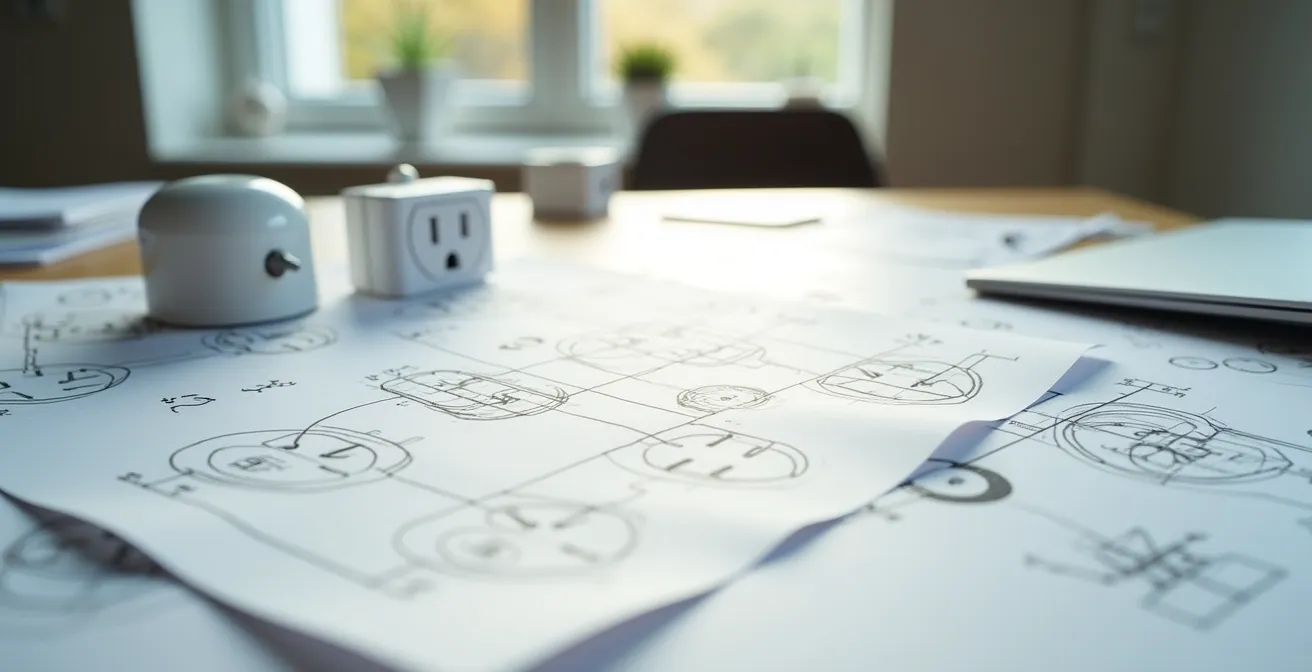 Vue d'une planification detaillee des prises de courant dans une residence a Montreal avec schemas et dispositifs de securite