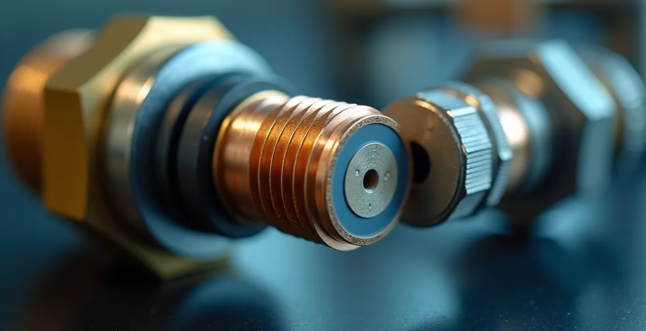 Illustration technique d'un raccord diélectrique connectant un tuyau de cuivre à un tuyau d'acier galvanisé avec couche isolante visible