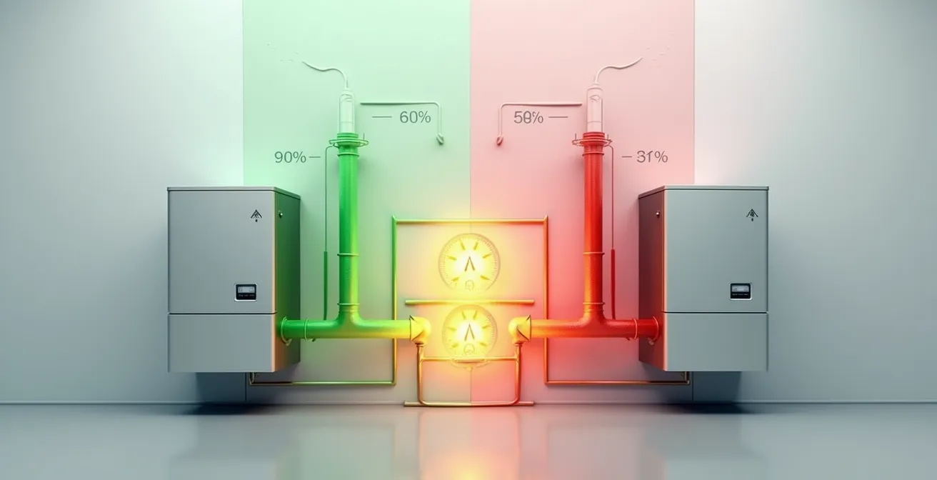 Diagramme visuel montrant comment le rendement AFUE impacte la facture de chauffage, avec comparaison entre une chaudière efficace et une chaudière moins performante.