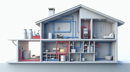 Coupe transversale d'une maison montrant le réseau de plomberie complet avec les tuyauteries d'alimentation en eau et d'évacuation intégrées dans les murs et le plancher.