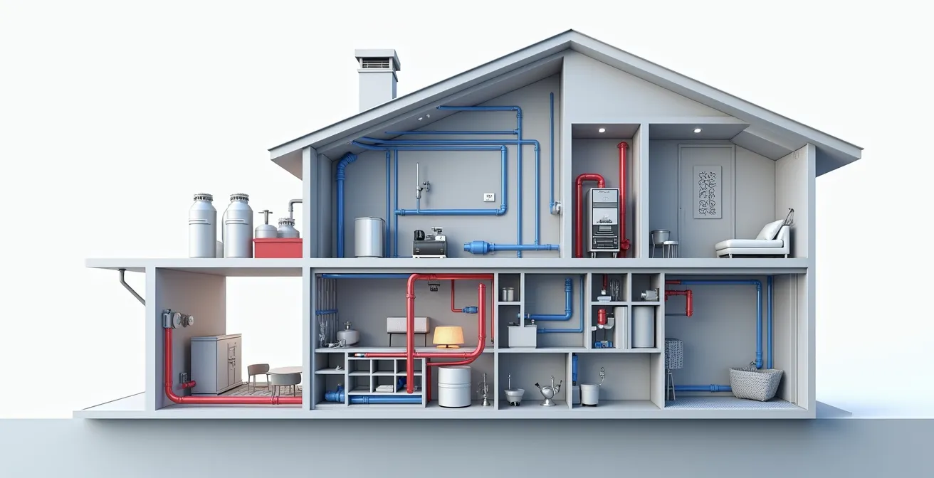 Coupe transversale d'une maison montrant le réseau de plomberie complet avec les tuyauteries d'alimentation en eau et d'évacuation intégrées dans les murs et le plancher.