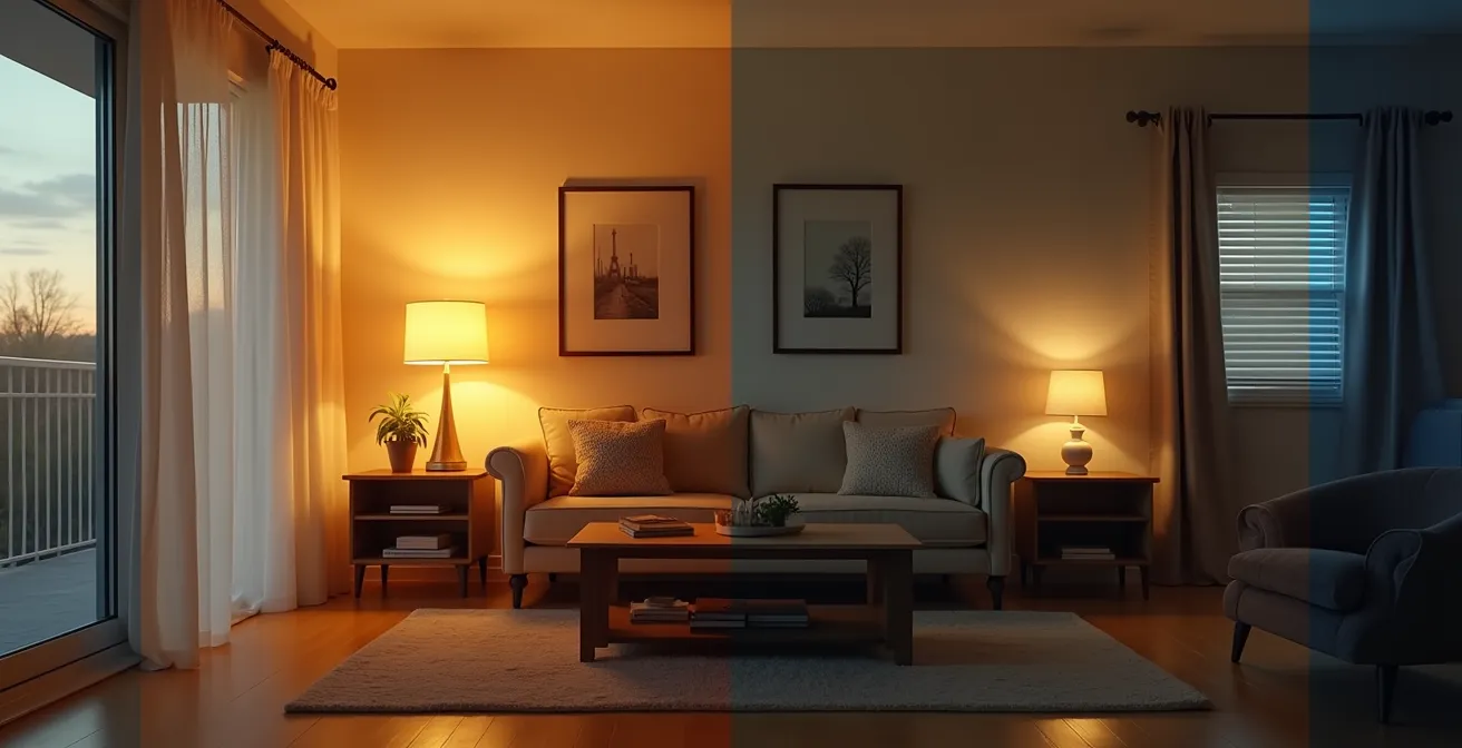 Illustration montrant différents scénarios d'automatisation : matin (lumières progressives), jour (chauffage optimisé), soir (ambiance cosy), nuit (sécurité activée).