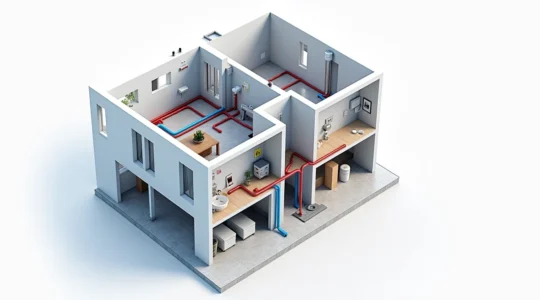 Schéma complet du réseau de plomberie d'une maison montréalaise montrant l'alimentation en eau, l'évacuation et la ventilation