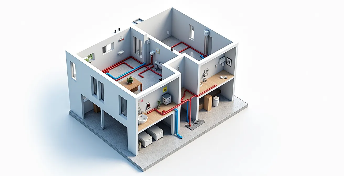 Schéma complet du réseau de plomberie d'une maison montréalaise montrant l'alimentation en eau, l'évacuation et la ventilation