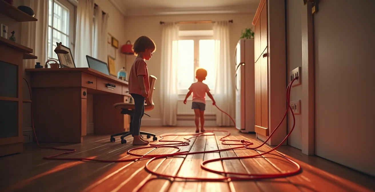 Vue d'une maison montrant les dangers électriques visibles pour les enfants: prises non protégées, fils dénudés, multiprises surchargées, chargeurs branchés, et zones humides