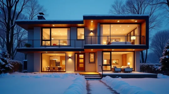 Maison Montréal équipée d'une thermopompe moderne avec une famille confortable à l'intérieur par temps d'hiver glacial