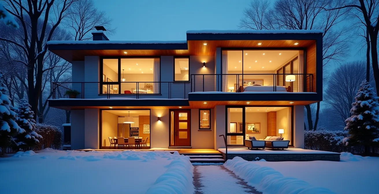 Maison Montréal équipée d'une thermopompe moderne avec une famille confortable à l'intérieur par temps d'hiver glacial