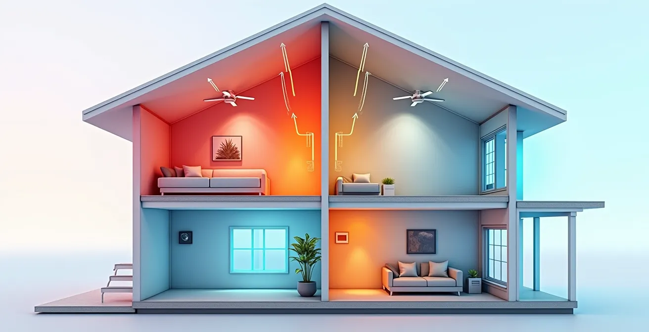 Coupe verticale d'un duplex montréalais montrant l'air chaud montant vers l'étage supérieur, l'effet de cheminée, et les stratégies d'équilibrage avec ventilateurs et thermostats intelligents