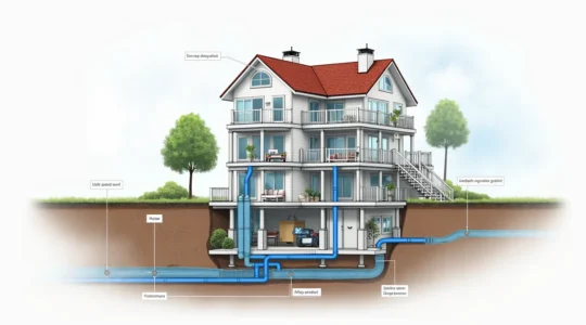 Schéma technique d'un système d'évacuation d'eau complet dans une maison, montrant les tuyaux de drainage, les évents et le raccordement aux égouts