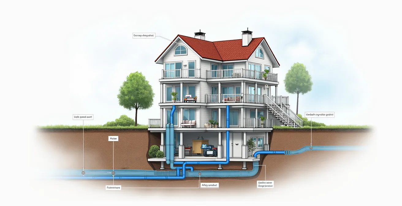 Schéma technique d'un système d'évacuation d'eau complet dans une maison, montrant les tuyaux de drainage, les évents et le raccordement aux égouts